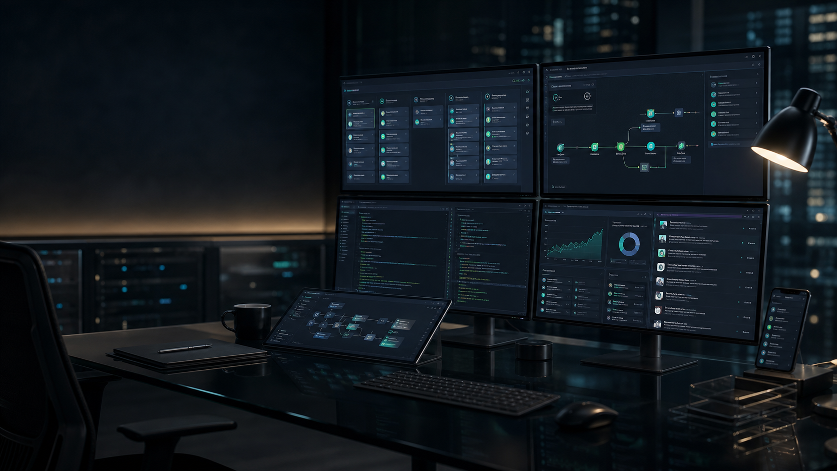 Abstract AI operations console showing workflow, outreach, and deployment signals